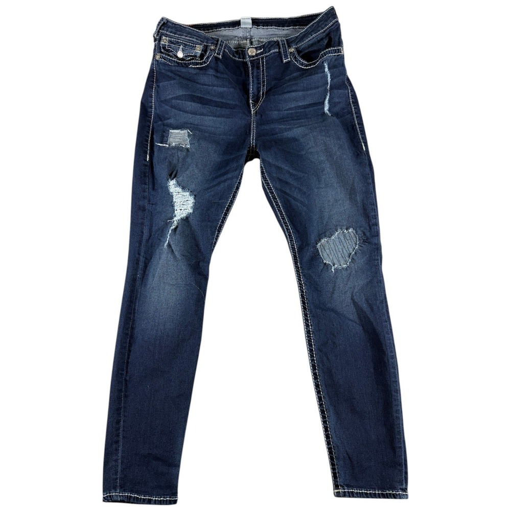 True Religion Skinny Jeans Mens 36 Dark Blue Distressed Y2K Workwear BoHo
